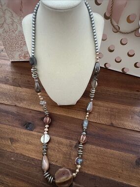 Statement Mixed Bead Long Necklace in Silver tones and Taupe